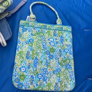Vera Bradley Quilted Small Book Bag Handle Purse Medium Blue Green Floral 14"